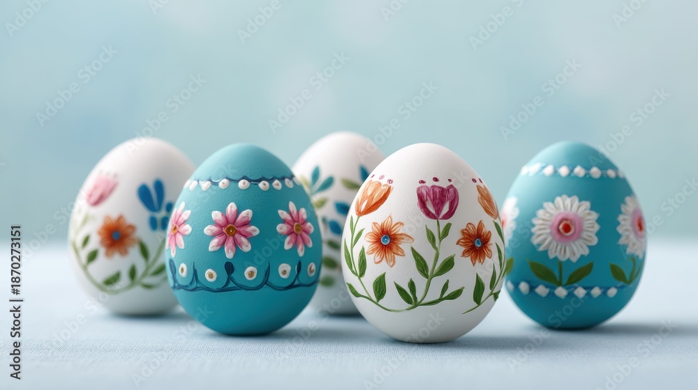 Fototapeta premium Colorful Hand-Painted Easter Eggs with Floral Designs on Soft Blue Background for Spring Celebrations