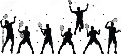 Tennis players silhouettes hitting balls jumping serving isolated on white background sport activity training vector illustration set