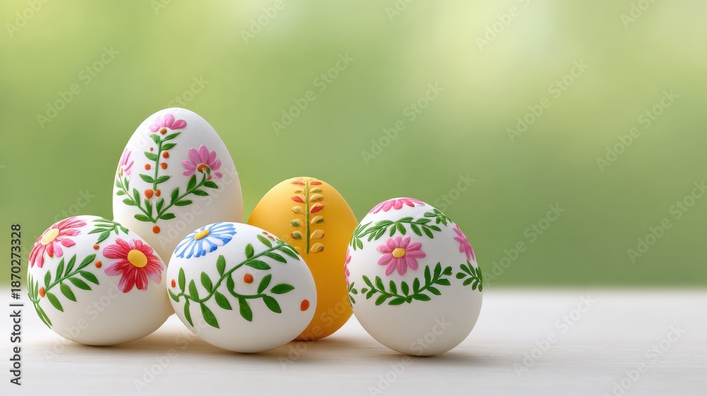 Fototapeta premium Beautifully Decorated Easter Eggs with Floral Patterns on a Soft Blurred Background