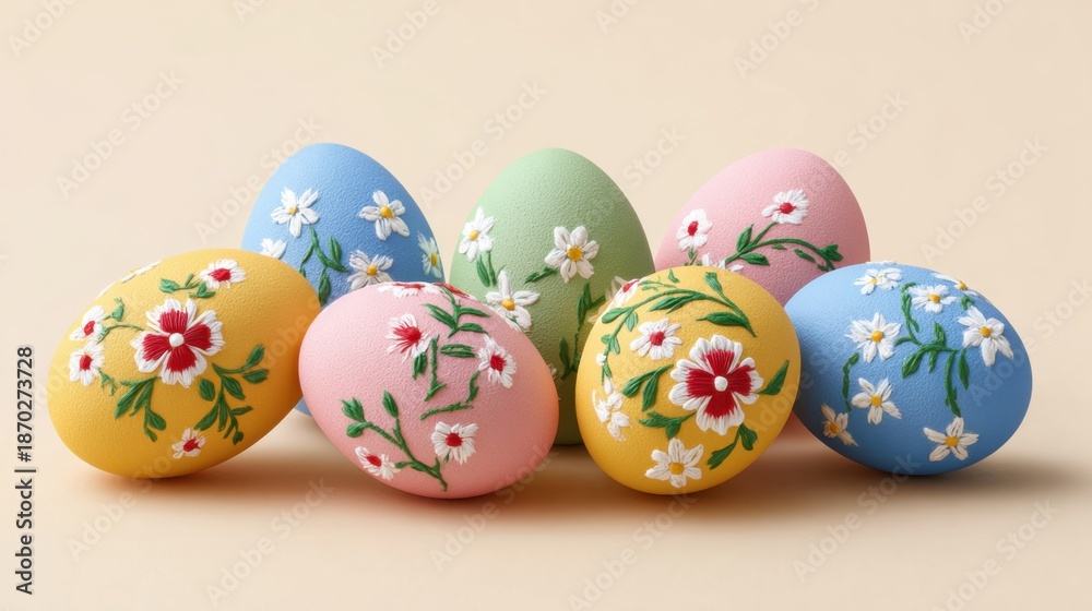 Fototapeta premium Colorful Decorative Easter Eggs with Floral Patterns on Soft Neutral Background
