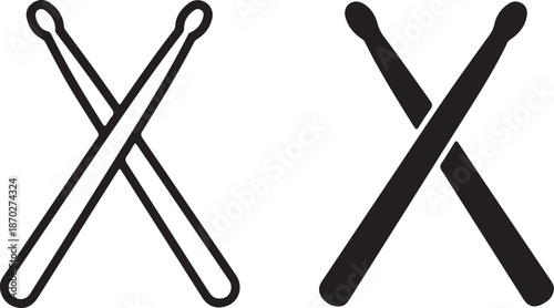  Drum Sticks Black Icon Isolated on White Background, Monochrome Vector Illustration.