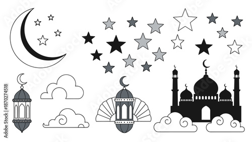 Islamic Cultural Elements Crescent Moon Stars Lanterns Mosque and Clouds Collection for Festive and Religious Design