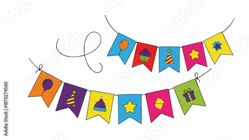 Colorful Birthday Party Bunting Flags with Festive Decorations.