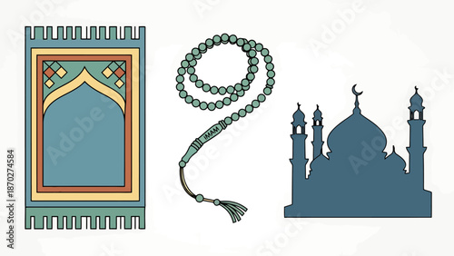 Islamic Prayer Set Prayer Mat Prayer Beads Mosque Silhouette for Religious Practice and Celebrations