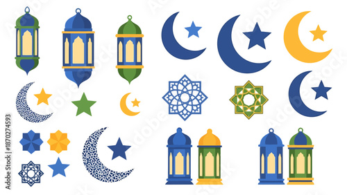 Islamic Cultural Elements Collection Lanterns Crescent Moons and Geometric Ornaments