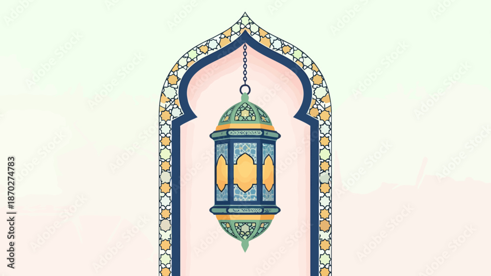Fototapeta premium Decorative Islamic Lantern Hanging in Ornate Archway with Geometric Patterns