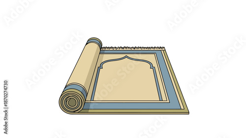 Rolled Prayer Mat with Traditional Arch Design and Fringes Religious Fabric for Devotion