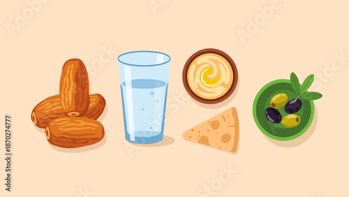 Healthy Breakfast Ingredients Dates Water Cheese Hummus and Olives