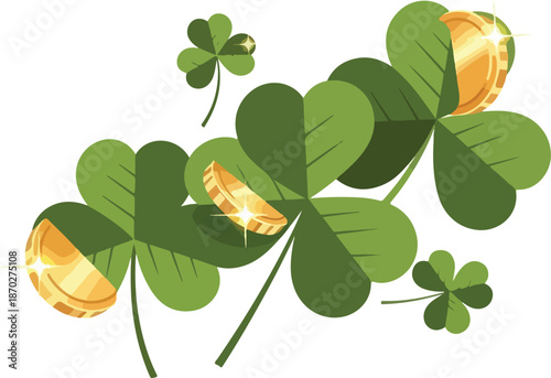 Golden coins nestled among vibrant four-leaf clovers on a white background