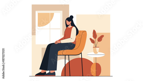 Woman sitting on a chair in a relaxed pose.