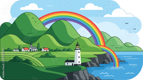 Rainbow's Embrace Scenic coastal view with a charming lighthouse, village, and vibrant nature under the arch