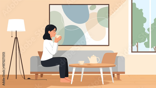 Woman sitting on sofa drinking tea and working on laptop.