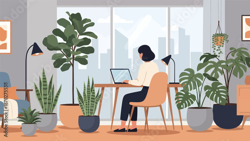 Woman working from home in a plant-filled room.