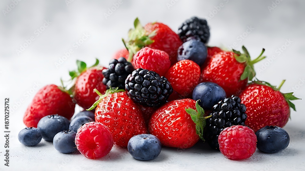 Obraz premium Assortment of Fresh Berries on a White Background / 白い背景の上の新鮮なベリーの盛り合わせ