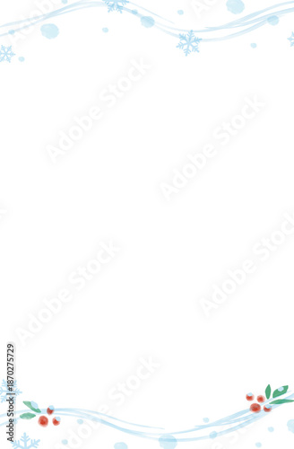 冬の水彩フレーム（流れる雪と南天）_縦