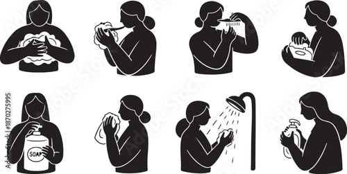 Motherhood and self-care illustrations in black and white