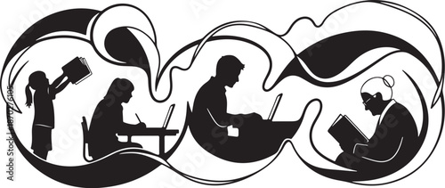 Silhouette of people working in various professions together