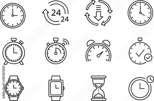 Set of time and clock line icons including stopwatch, hourglass, wrist watch, alarm, and twenty four hour service symbols.
