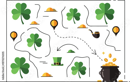 Illustration of a treasure map featuring four-leaf clovers and a pot of gold