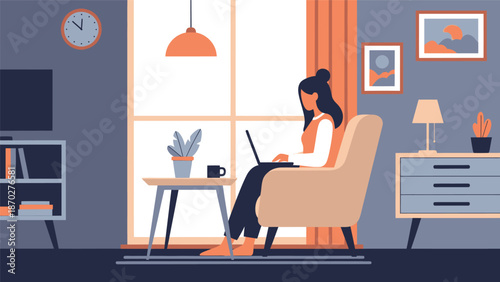 Woman working on laptop in comfortable armchair at home.