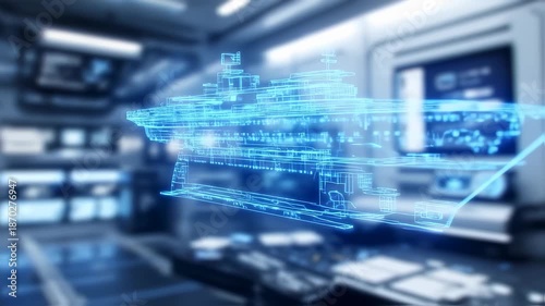 Holographic blueprint of a ship in a modern, futuristic interior