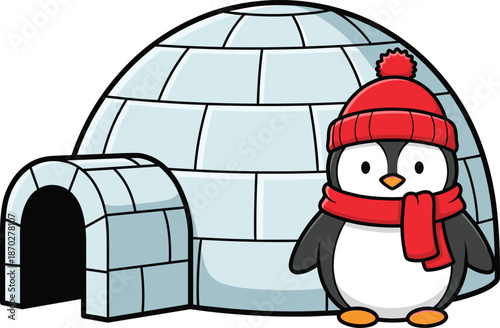 Cute Cartoon Penguin Wearing Red Winter Hat and Scarf Standing Next to Ice Igloo Arctic Animal Vector Illustration for Kids