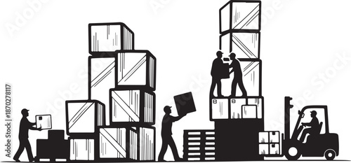 Workers loading boxes onto a forklift in warehouse