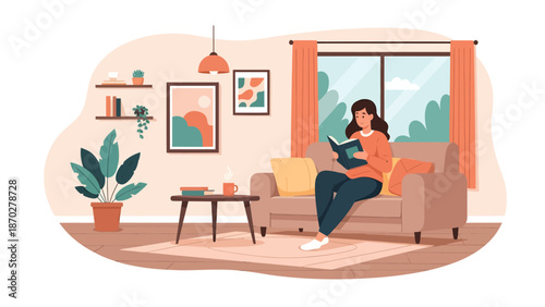 Young woman enjoying a book on a comfortable sofa.