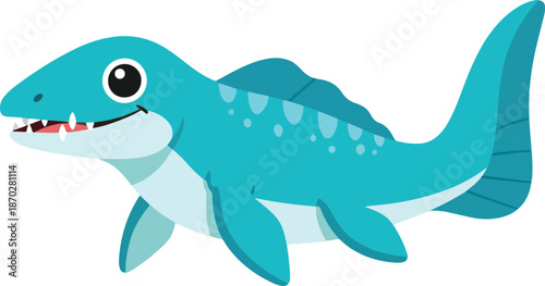 Cartoon blue mosasaur or plesiosaur illustration with fins and teeth