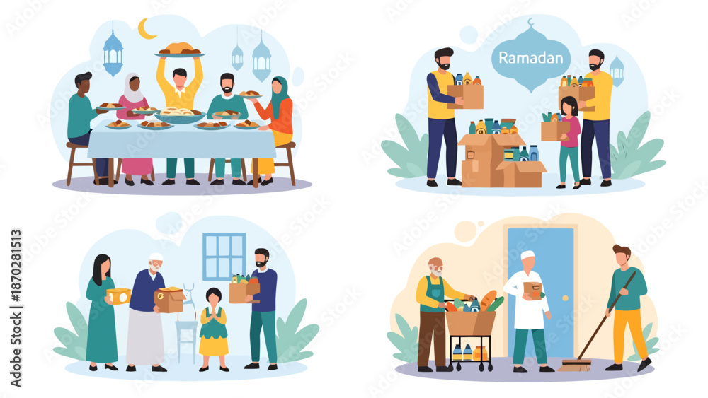 Fototapeta premium Muslim Community Ramadan Charity and Family Gathering Scenes Celebrating Generosity and Unity