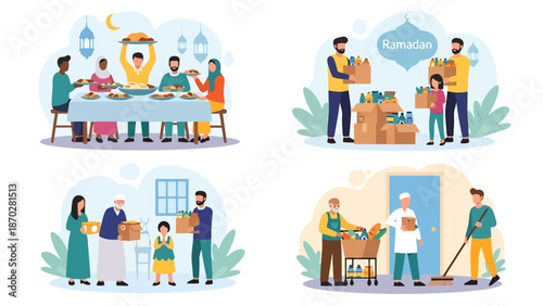 Muslim Community Ramadan Charity and Family Gathering Scenes Celebrating Generosity and Unity