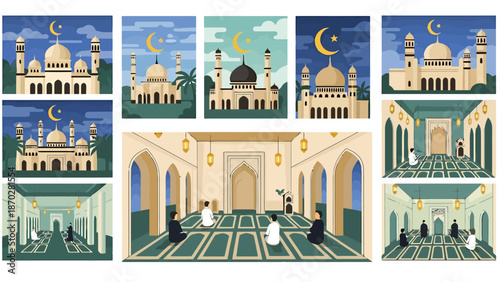 Collection of Islamic Mosque Architecture and Interior Prayer Scenes