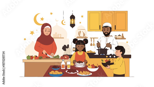 Multicultural Family Preparing Festive Meal Together in Kitchen