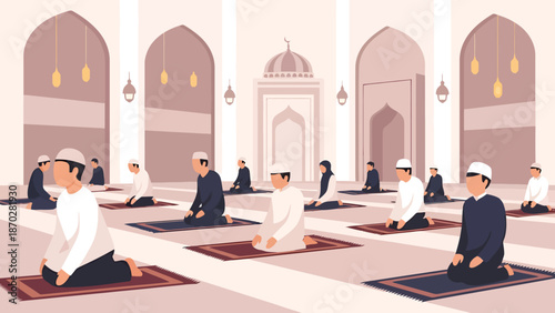 Men Praying in a Mosque During Ramadan or Eid Gathering Social Distancing Concept