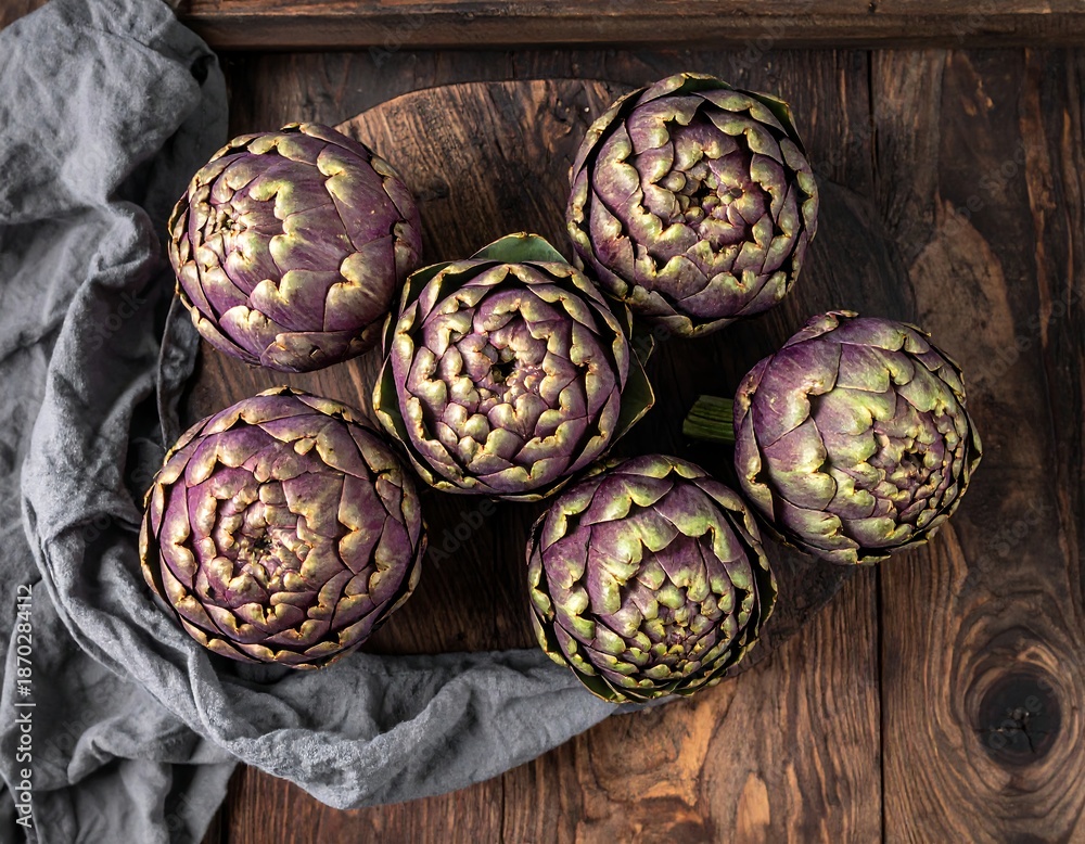 Obraz premium Close-up of artichokes on a wooden board with a cloth