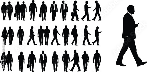 Set of business people silhouettes walking and commuting in city including professional men and women in suits for urban lifestyle vectors