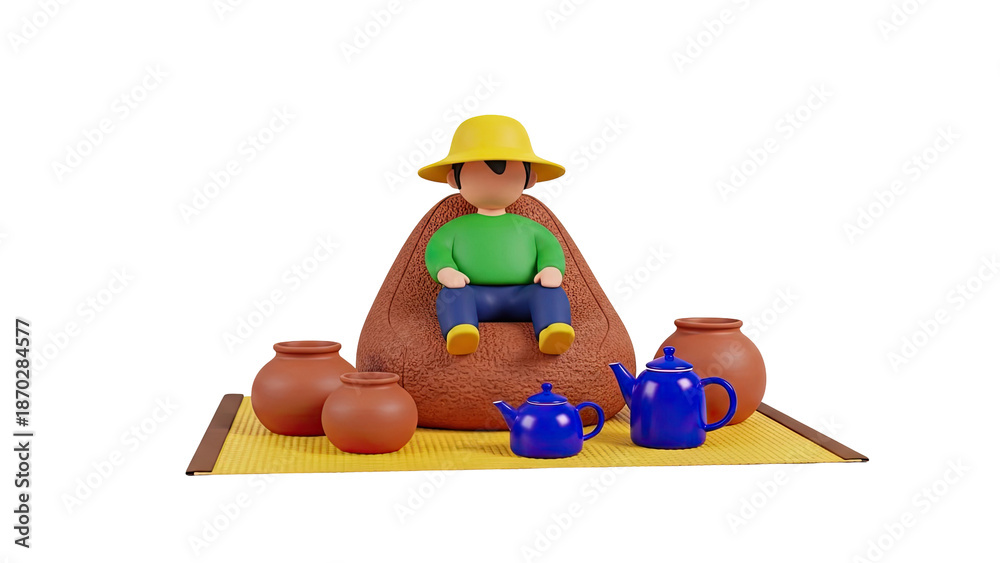 Obraz premium Boy with yellow hat sitting among clay pots and blue teapots