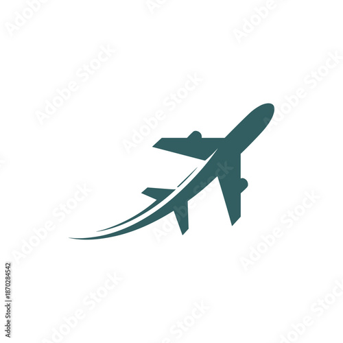 Airplane taking off with a swoosh, symbolizing travel and adventure