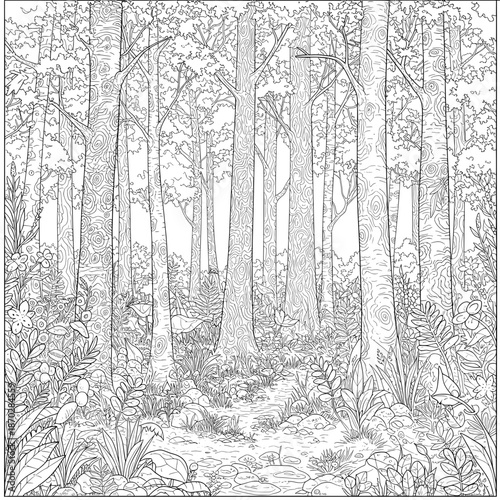 Trees. Detailed black and white forest illustration for coloring, plants at the base of trees