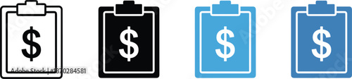 Financial clipboard and business document icon set featuring dollar currency symbols for accounting, payroll management, budget tracking, auditing, and professional payment records.