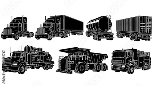 Collection of Silhouetted Heavy-Duty Trucks and Commercial Vehicles