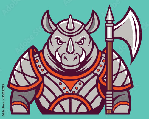 Armored Rhinoceros Warrior with Double-Bladed Axe, Orange Accents, Turquoise Background, Medieval Fantasy Animal Character, Bold and Stylized Battle Design