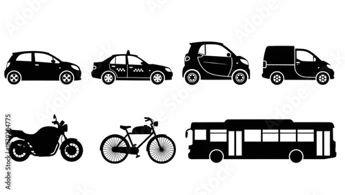 Diverse collection of modern urban and city transportation vehicle icons in elegant black silhouette style
