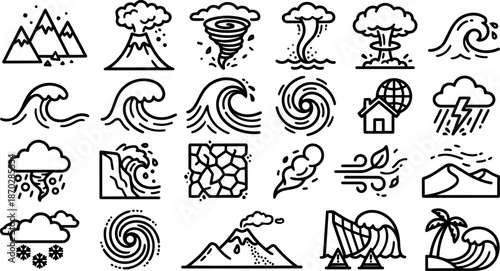 Line art flat design natural disaster icon set grid showing waves volcano tornado earthquake flood storm symbols for emergency signage