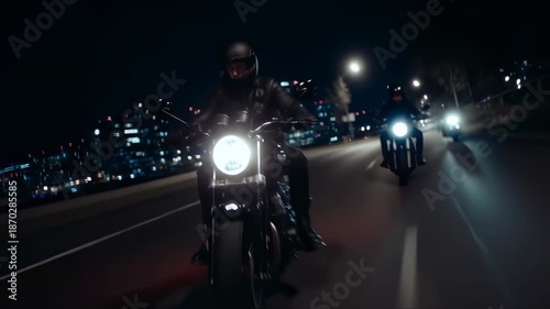 Motorcyclist on a black cruiser motorcycle at night on a city street