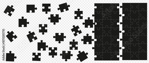 Set of black jigsaw puzzle pieces. Features scattered individual parts and a partially assembled grid. Flat vector illustration on transparent background. Ideal for teamwork and solution concepts.