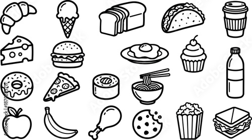 Hand drawn line art food icon set close up assorted breakfast lunch snacks flat outline black strokes on white