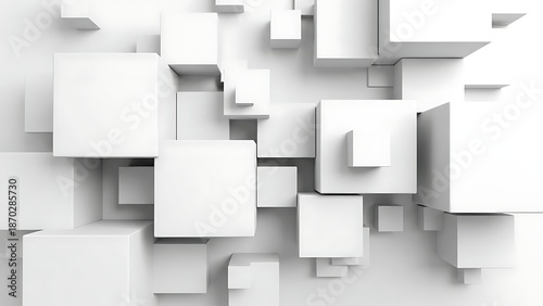 White 3D cubes of various sizes protruding from a flat surface, geometric blocks arrangement