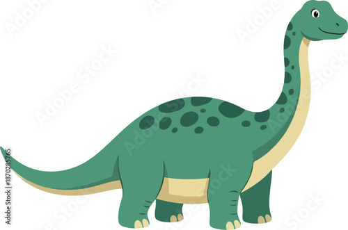 Cartoon illustration of a green longnecked sauropod dinosaur with dark spots