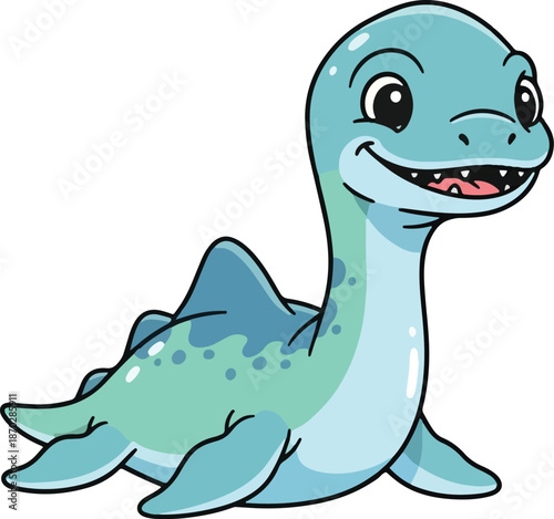 Cartoon illustration of a smiling light blue plesiosaur with flippers